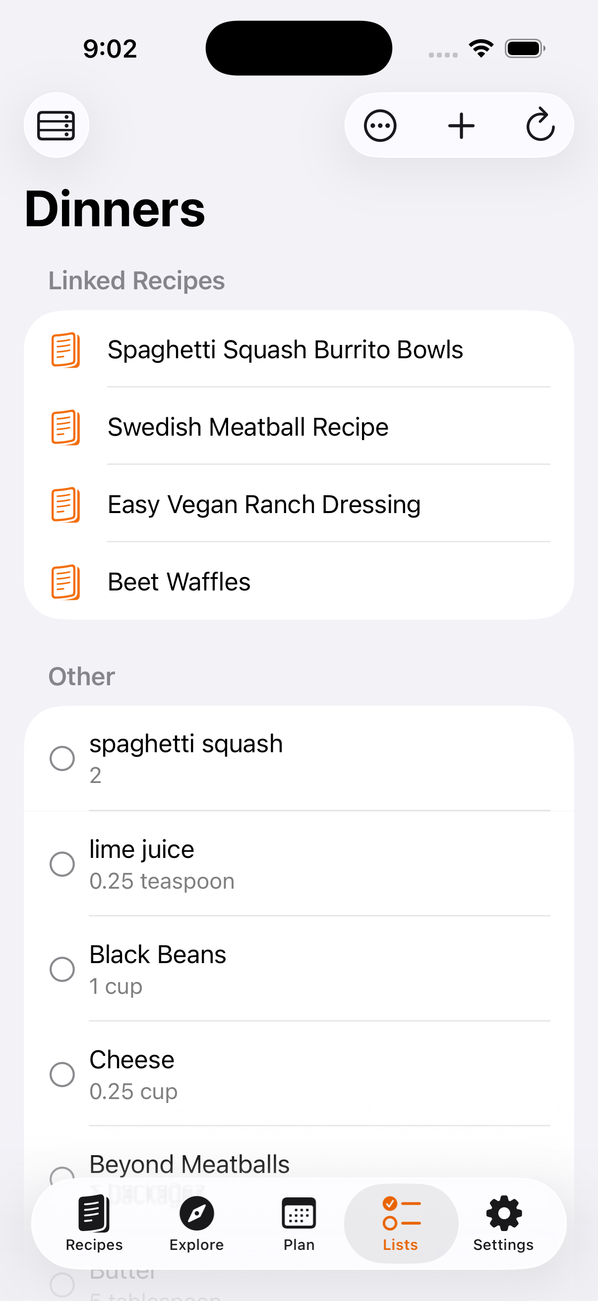 Crumb shopping list screen on iPhone