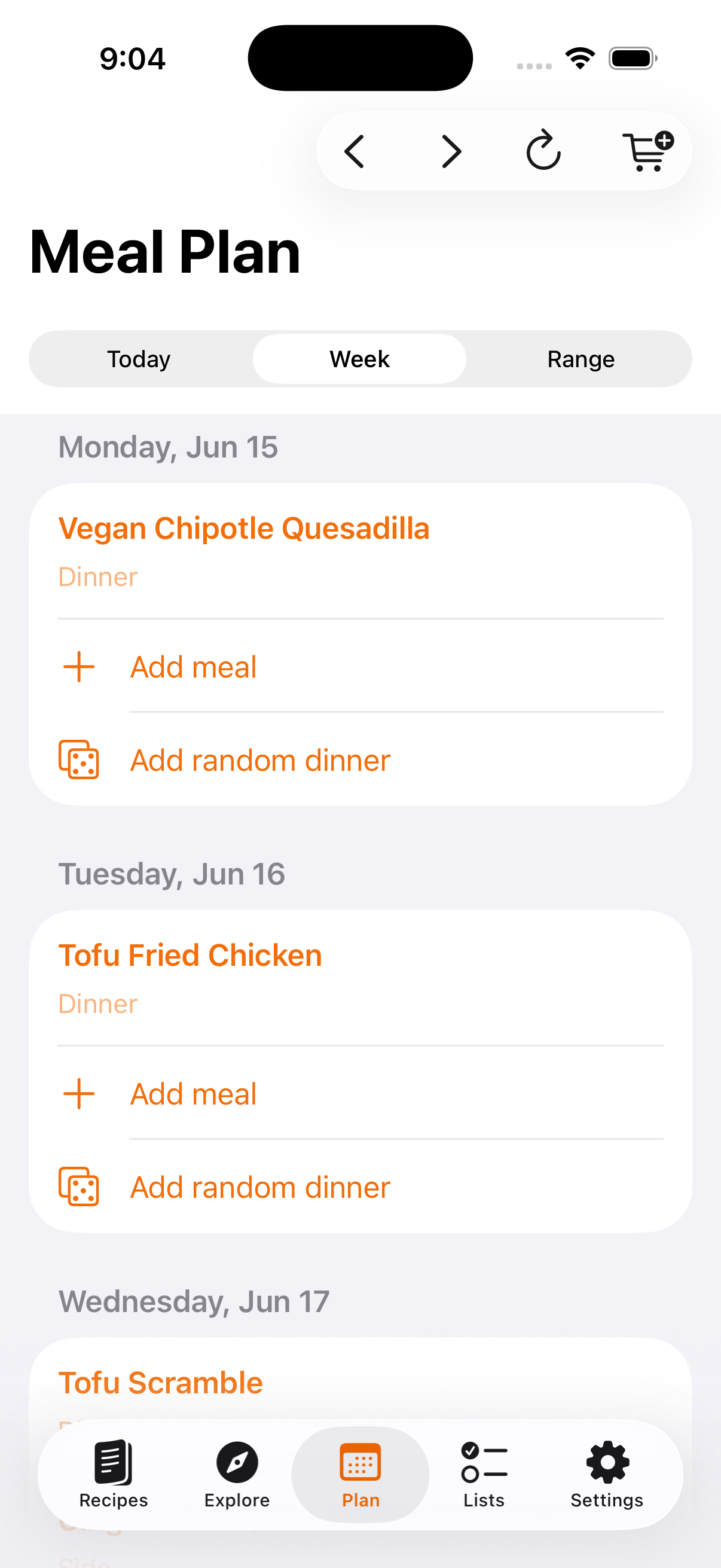 Crumb meal plan screen on iPhone