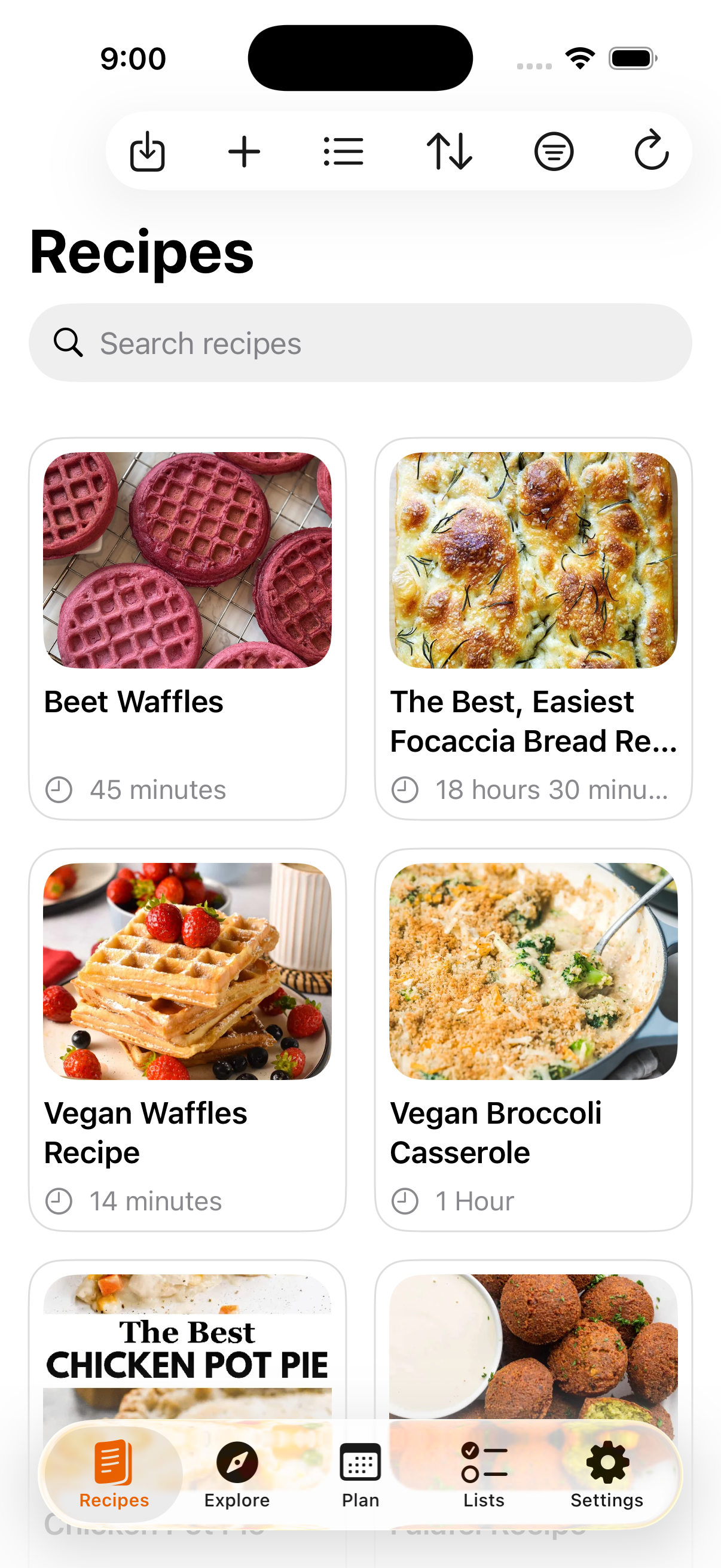 Crumb recipes screen on iPhone