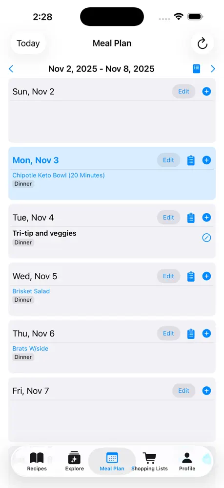 Crumb meal plan screen