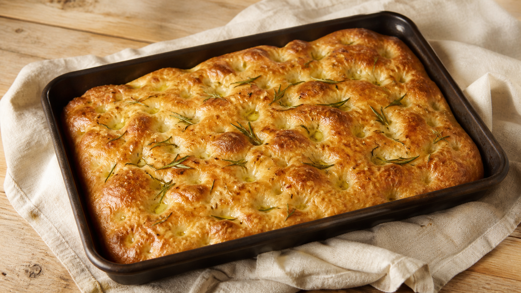 Golden rosemary focaccia on a warm kitchen table