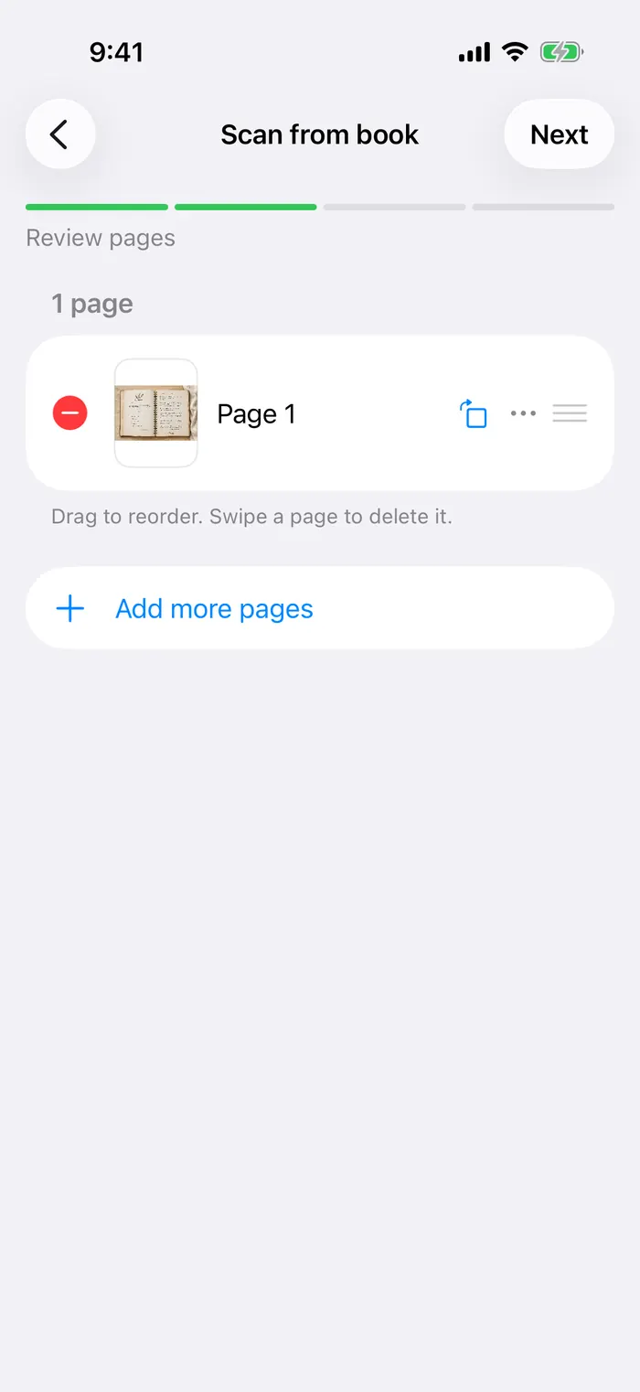 A captured cookbook page ready to reorder and review