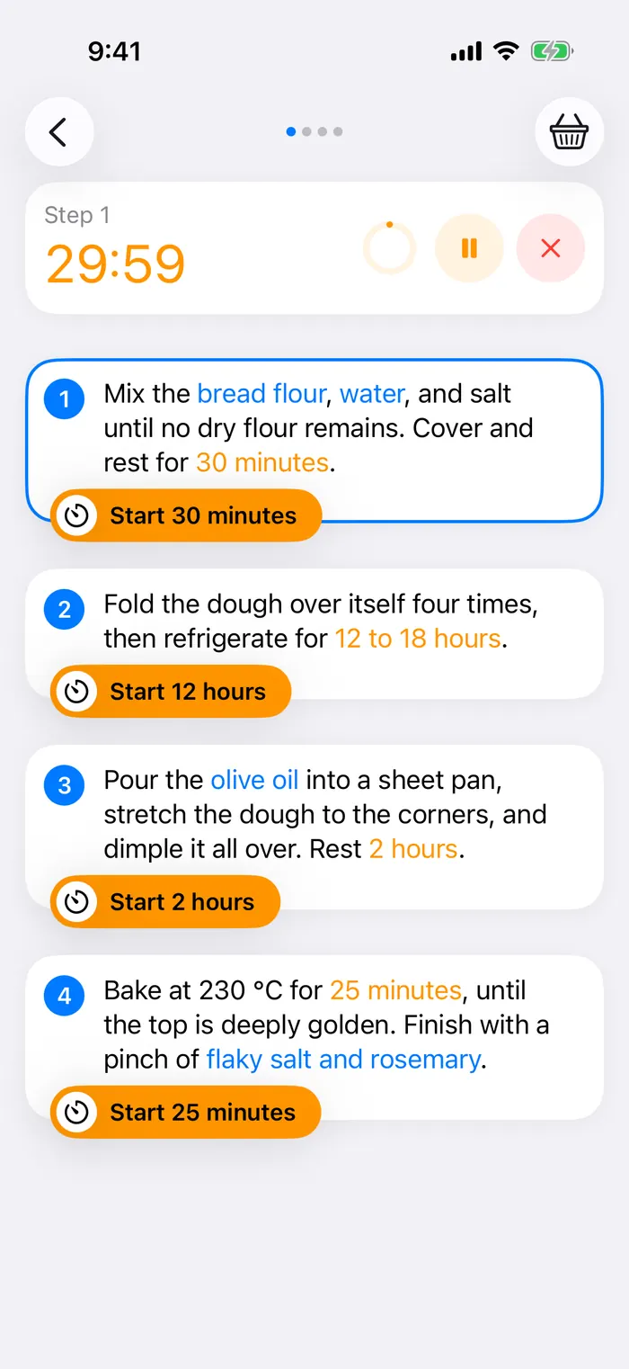 Cook Mode with a focused step and timers
