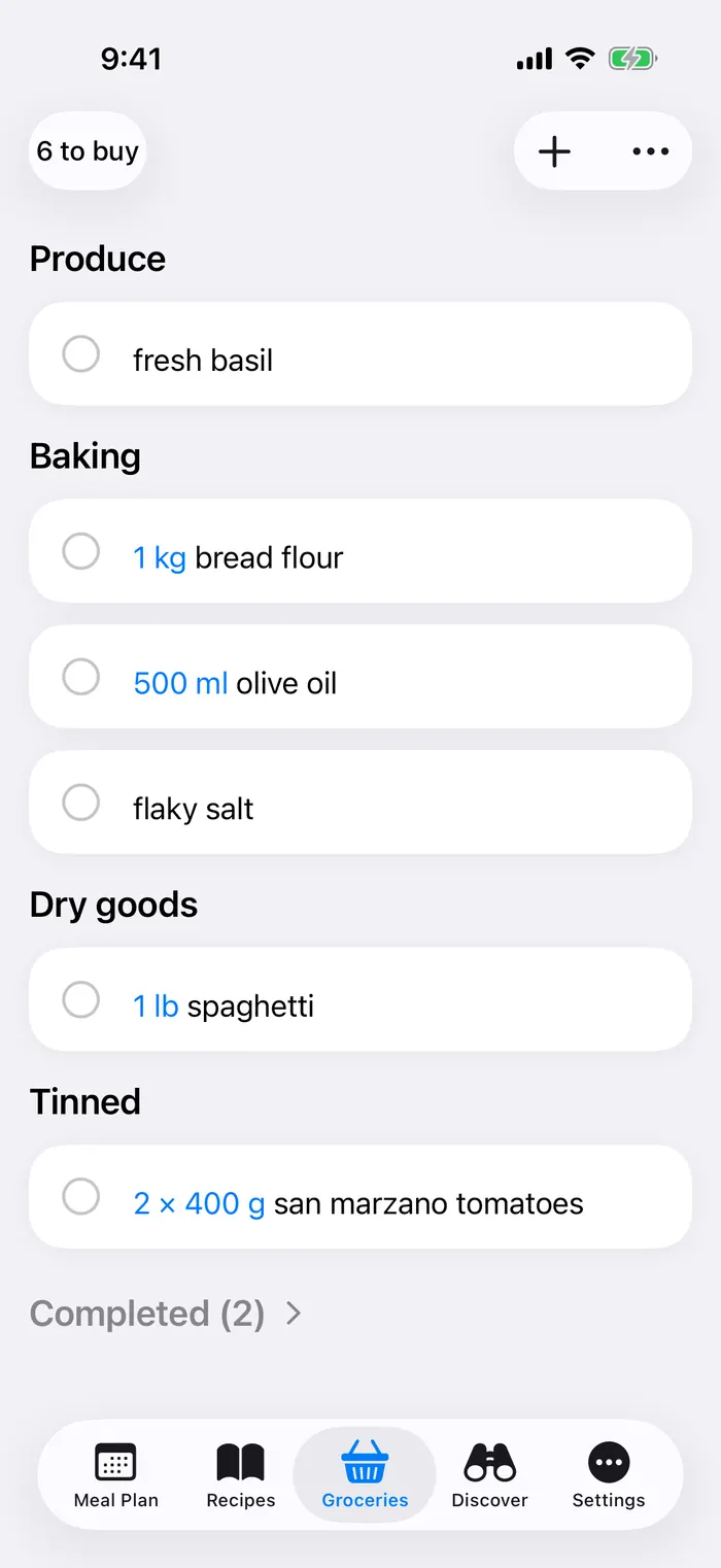 Groceries grouped by aisle