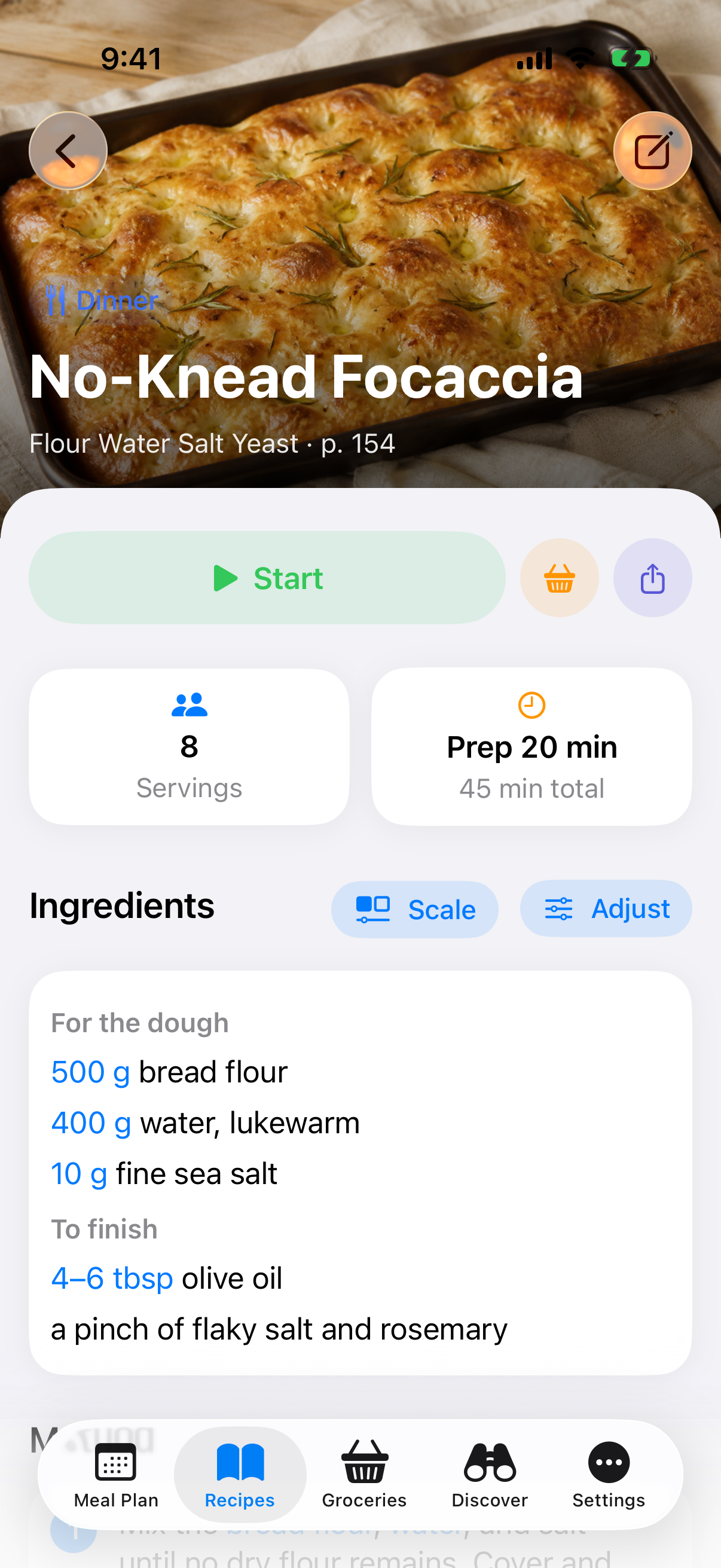Crumb showing a focaccia recipe on iPhone