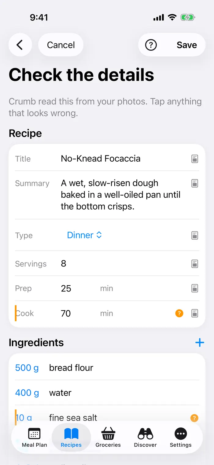 Ingredient review with parsed recipe fields
